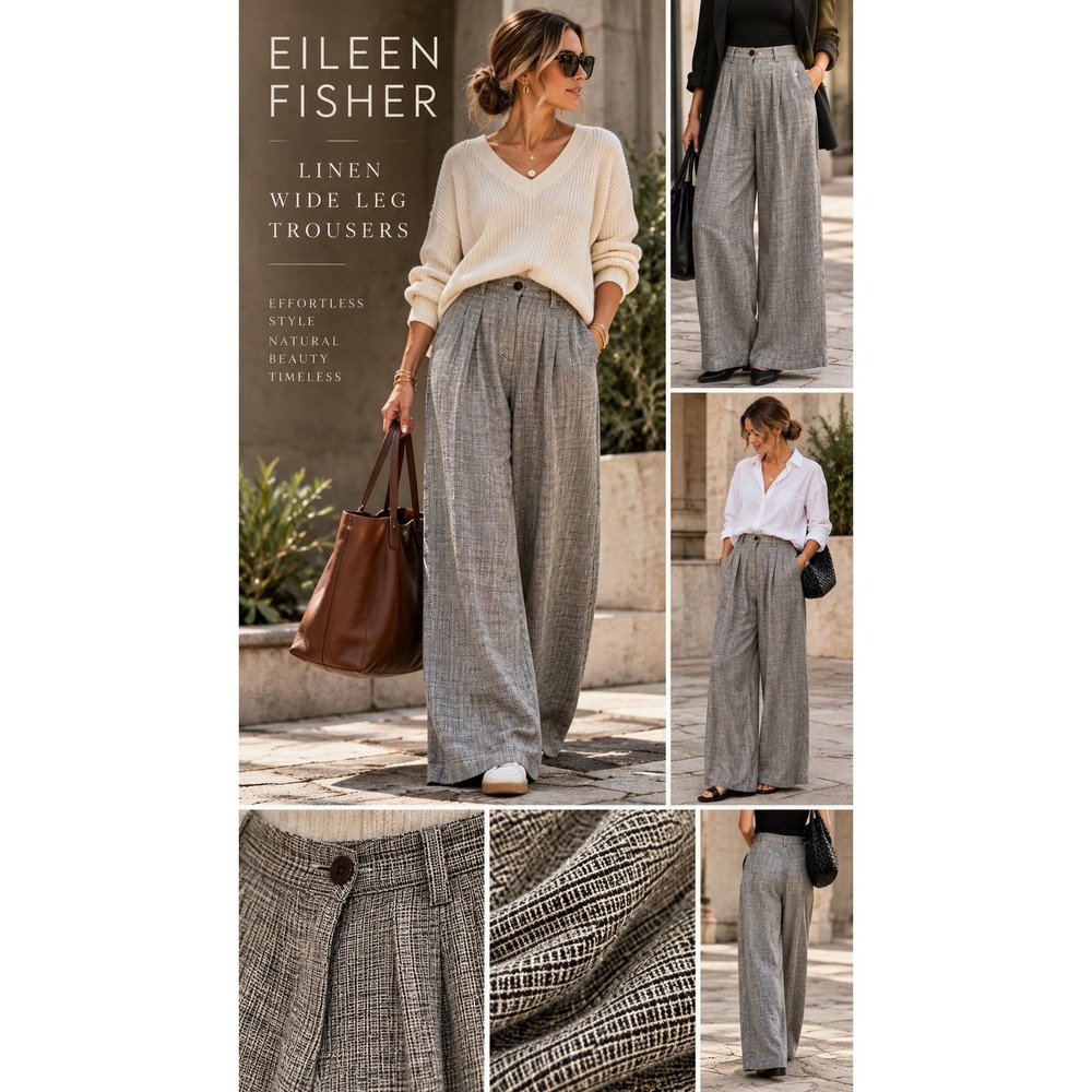 Eileen Fisher M Linen Wide Leg Pleated Trousers Italian Fabric Gray